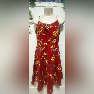 No Boundaries Red Dress with Yellow Floral Design
